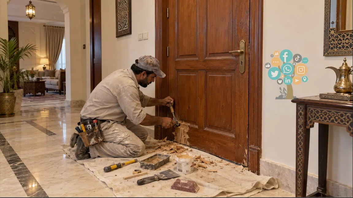 نجار تصليح ابواب خشب يقوم بتصليح الجزء المكسور وتجهيزه للاستخدام