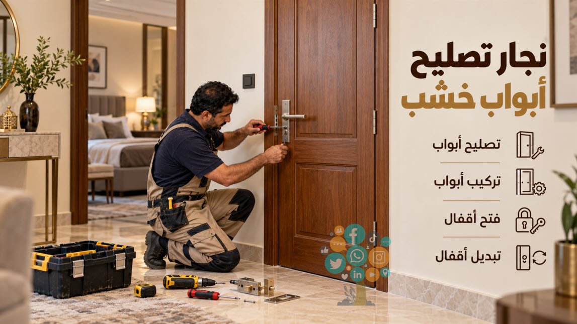 فني نجار اثناء تصليح باب خشبي بالكويت وتبديل القفل