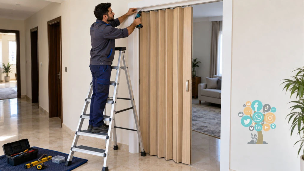 نجار الكويت يقوم بتركيب باب اوكرديون للاستفاده من المساحه