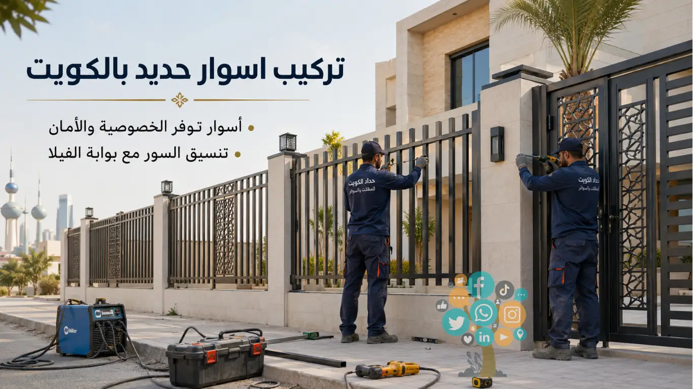 تركيب سور حديد بالكويت مطلي باللون الأسود حول منزل العميل.