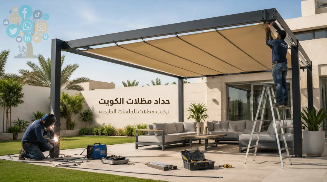 مظله حديثه مثبته فوق جلسة خارجيه داخل حديقة منزل العميل