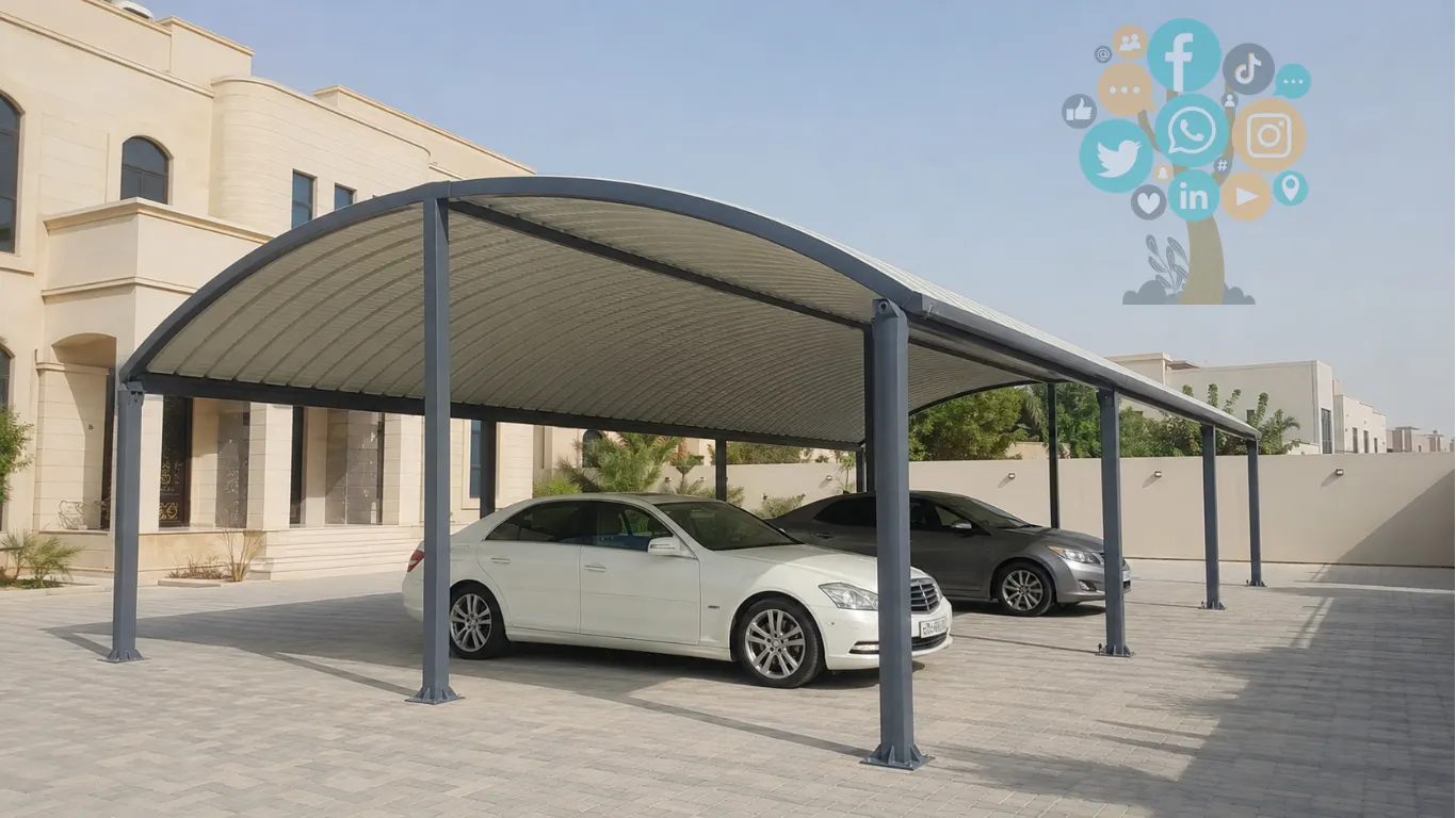 تركيب مظلات سيارات الكويت- حداد مظلات سيارت رخيص 5 بعد تركيب مظله سيارات كيربي نصف دائريه مثبته على اعمده حديديه أمام منزل العميل بالكويت