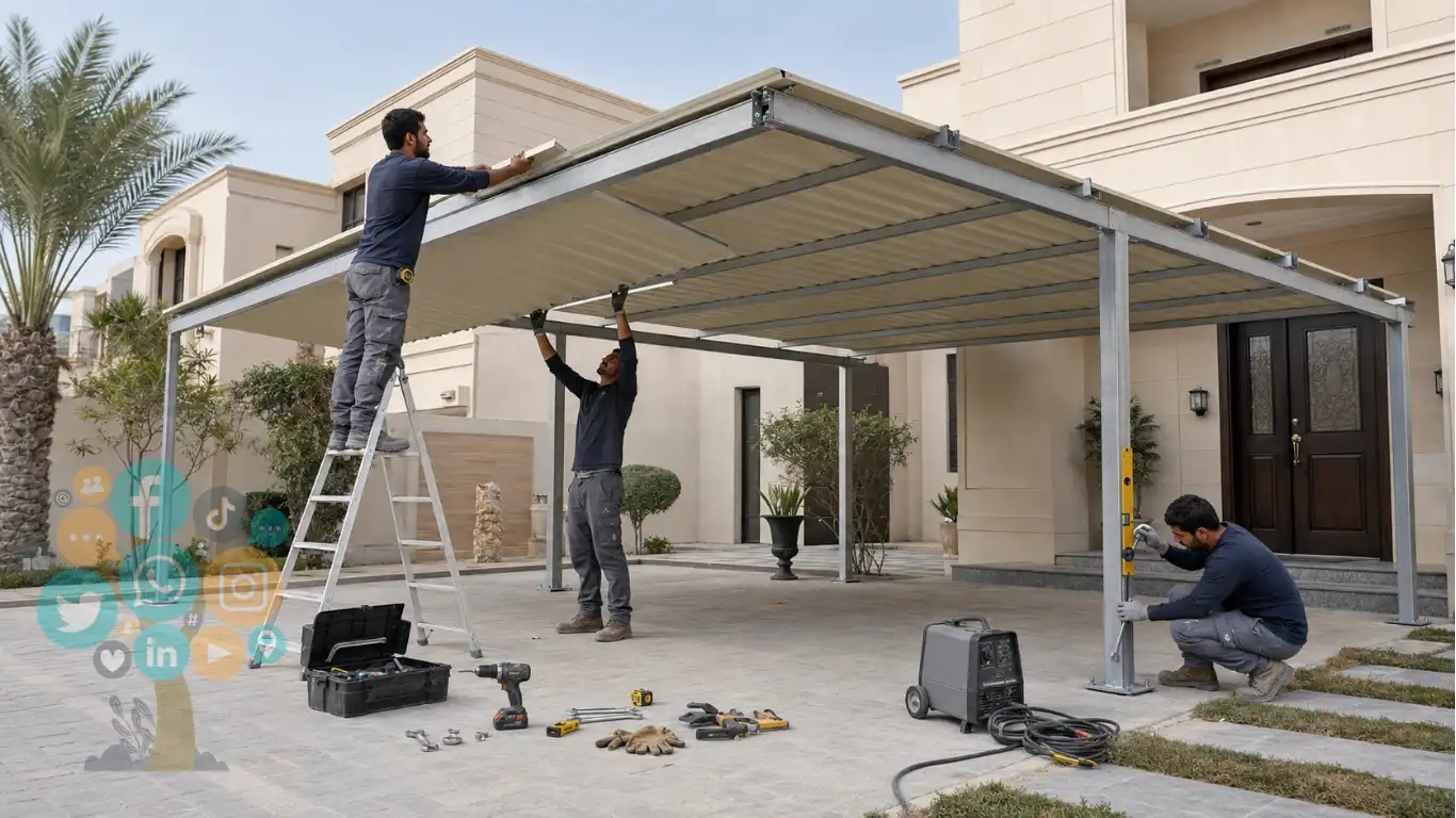 تركيب مظلات سيارات الكويت- حداد مظلات سيارت رخيص 2 تركيب مظله كيربي للسيارات بهيكل معدني متين اما احد منازل بالكويت