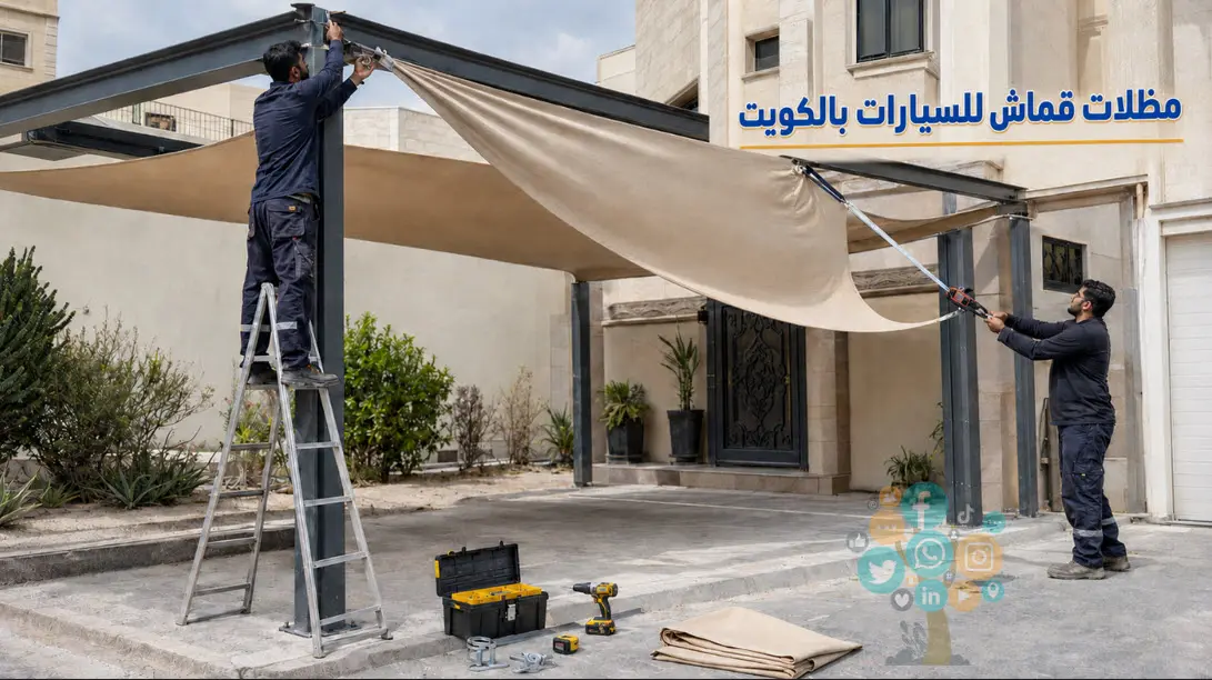 تركيب مظلات سيارات الكويت- حداد مظلات سيارت رخيص 3 احدى مراحل تركيب مظله سيارات قماش وشد القماش على الهيكل المعدنى