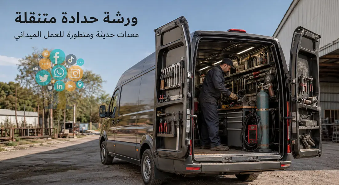 فني يقوم بترتيب وتجهيز المعدات والأدوات فى ورشه الحدادة المتنقلة بالكويت